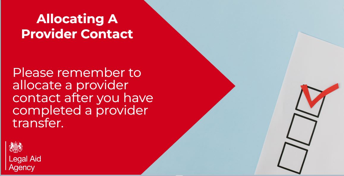 When you are completing a #PoviderTransfer, please remember to allocate a provider contact 👍 For guidance on how to do this, please see: ow.ly/P9L850NWVe3 #LegalAid #CustomerService #LAA #Solicitors #Crime #Civil #LegalAidAgency #CCMS