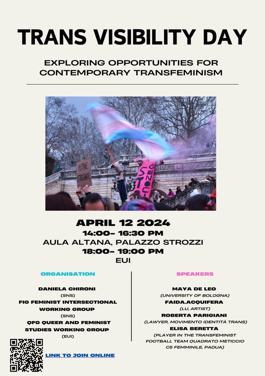 We at @EUI_QFG have joined @scuolanormale Firenze @palazzostrozzi for #TransDayOfVisibility! 📢 Exploring Opportunities for Contemporary Transfeminism 📅 Friday 12th April, 14.00 📍Aula Altana in Palazzo Strozzi & Online Please share widely and come along!