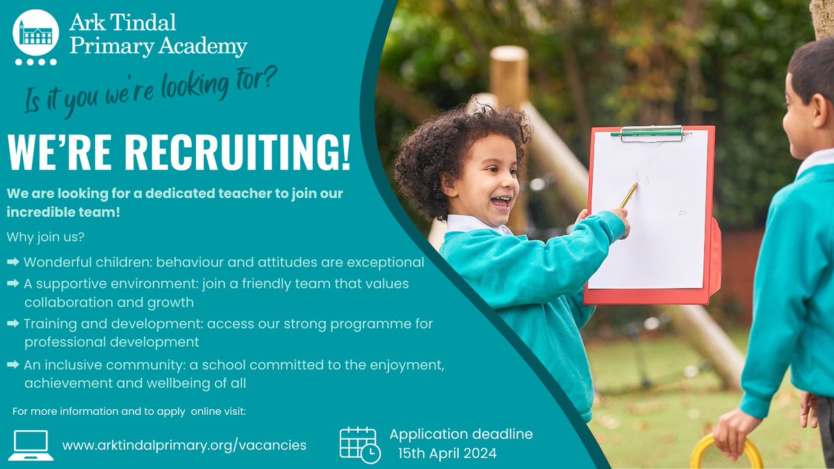 📣Calling amazing teachers! 📣 Are you looking for a great school? We're recruiting! For more information, take take a look here ⬇ arktindalprimary.org/jobs/vacancies #TeamTindal #TeachingJobs #ECT #SchoolJobs