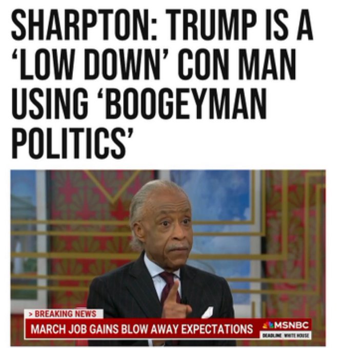 These 'people' have zero boundaries when it comes to hypocrisy. One of the country's biggest Con-men, like the Fake Tawana Brawley 'story' that 🐍Sharpton created, one of many bullshit scams. Nothing but a Lying Racebaiter & Divider - Pure Trash.