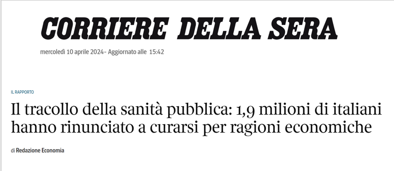 Il Servizio Sanitario Nazionale è allo stremo. Ma, nonostante i sacrifici, le famiglie non possono farcela e i più poveri rinunciano a curarsi. #SalviamoSSN corriere.it/economia/rispa…