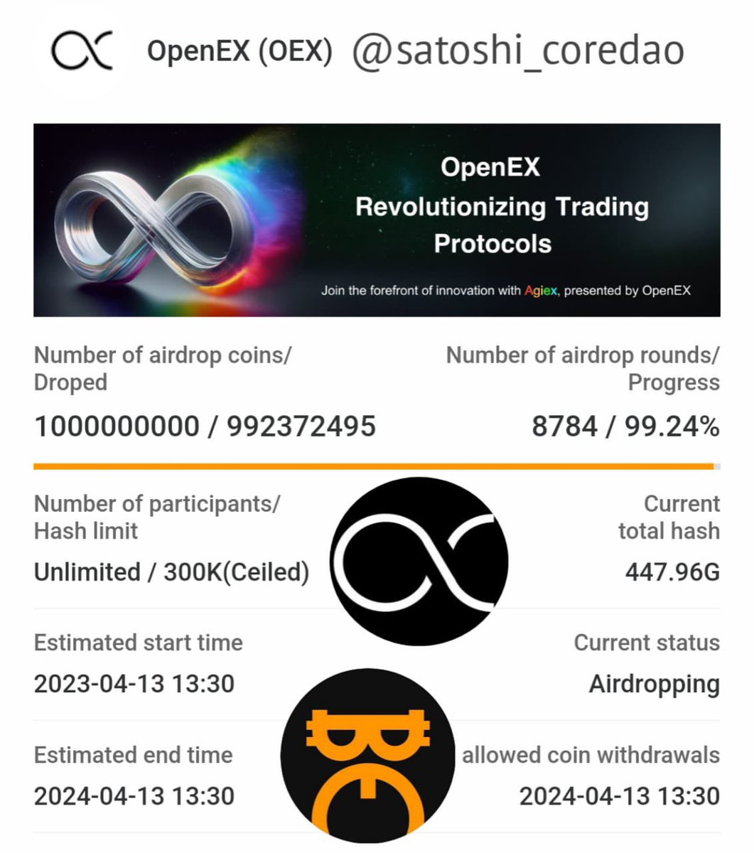 🎁 Get Ready For $OEX Listing #Giveaways 🎉 10K #OEX 

In 3 Day #OEXApp Mining Will End Almost 0.75% Only Left 🔥 Don't Forgot To Daily Claim 🎗️

Mandatory Task👇

Follow 👉 @satoshi_coredao 

Like ♥️| Repost 🔁 

#BitcoinHalving2024  #Bitcoin #airdrop #CORE #athene @SenderLabs