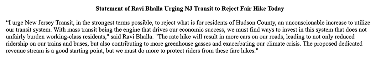 .@RaviBhalla ahead of @NJTRANSIT's Board of Directors meeting where they're expected to vote on the budget. “I urge NJ Transit, in the strongest terms possible, to reject what is for residents of #HudsonCounty, an unconscionable increase to utilize our transit system.'