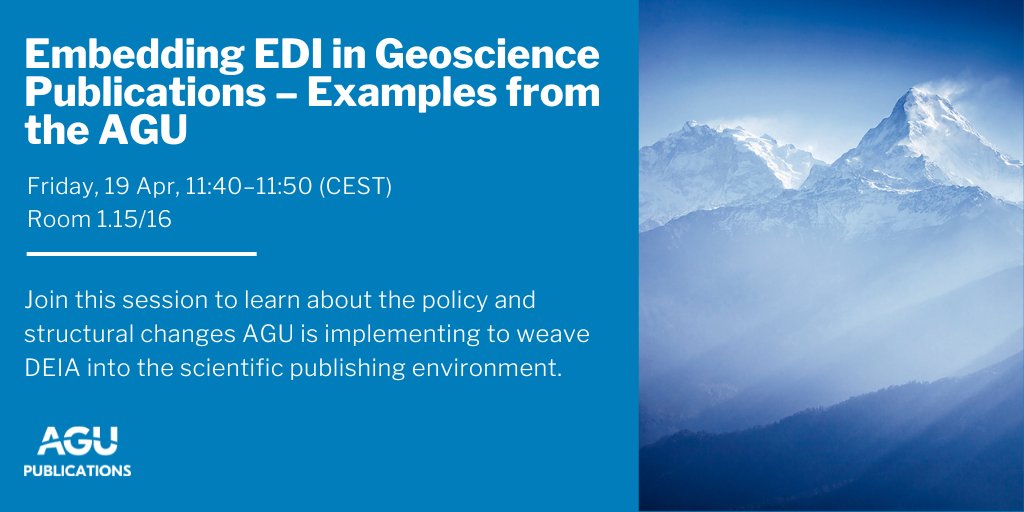 Join our session at #EGU24 next week to learn how AGU is supporting #DEIA in scientific publishing. Learn more: lite.spr.ly/6000FiI #AGUPubs @EuroGeosciences