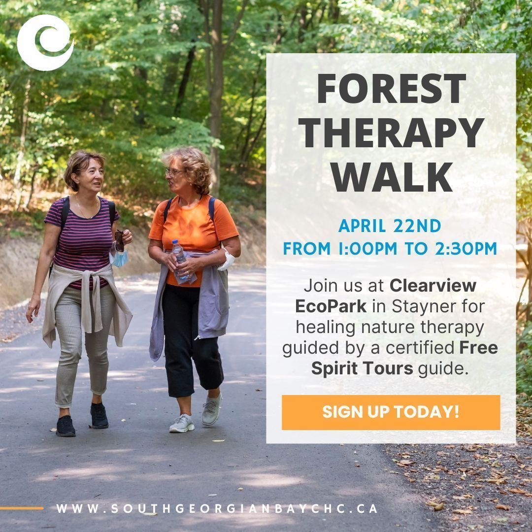 Join us for a rejuvenating Forest Therapy #NatureWalk on April 22nd, 1-2:30 PM at Clearview EcoPark in Stayner. Led by a certified Forest Therapy Guide from @freespirittours, immerse yourself in South Georgian Bay's beauty. Register at southgeorgianbaychc.ca/program/33. @Clearview_twp