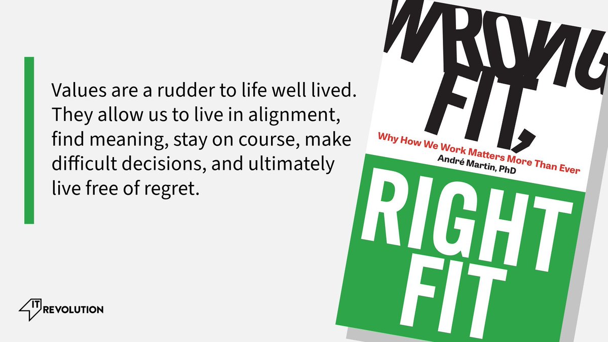 'Values are a rudder to life well lived. They allow us to live in alignment, find meaning, stay on course, make difficult decisions, and ultimately live free of regret.' From Wrong Fit, Right Fit by André Martin. itrev.io/3S23IL6