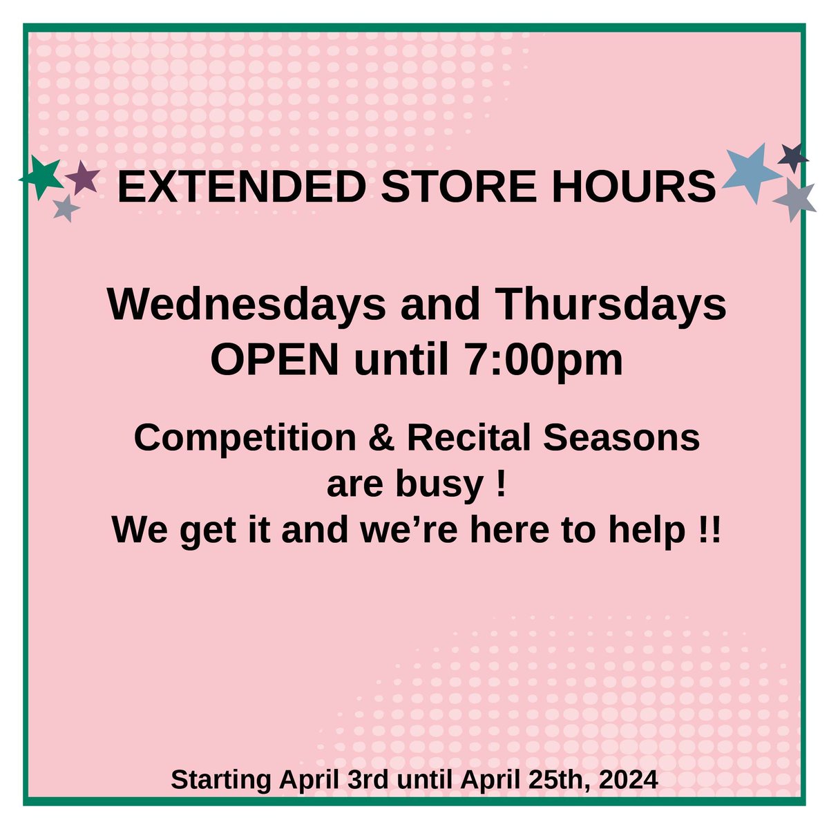 We're open until 7:00pm tonight (Wed) and tomorrow night (Thu) for your convenience during the busy competitive and recital seasons. Starting April 3rd until April 25th, 2024. buff.ly/3fhw9k3 #mirenasfashions #dancewear #dancers #skaters #gymnasts #ontario #mississauga