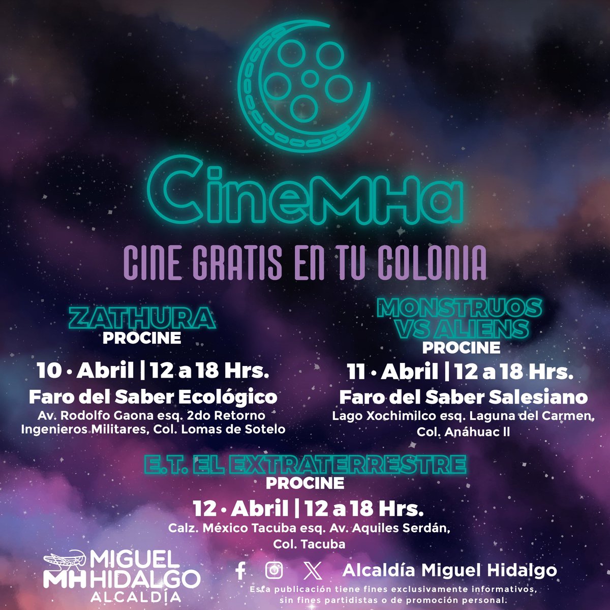 ¡Disfruta del #CineMHa🎬 en tu colonia! Ya sea en familia o con amigos ven y diviértete con las funciones que te ofrecemos de manera GRATUITA, consulta la cartelera completa en: bit.ly/CulturaAbr24