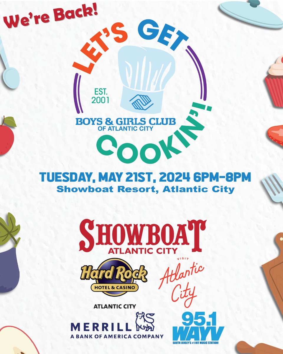 Let’s Get Cookin’ Returns May 21, 2024 🍽️ Held at @Showboat_AC, the community event will feature delicious food, drinks, and entertainment while bringing awareness to the @boysgirlsclubac. Learn more 🔗 ow.ly/GKoW50R13ES #ExperienceAtlanticCity #AtlanticCity #VisitAC