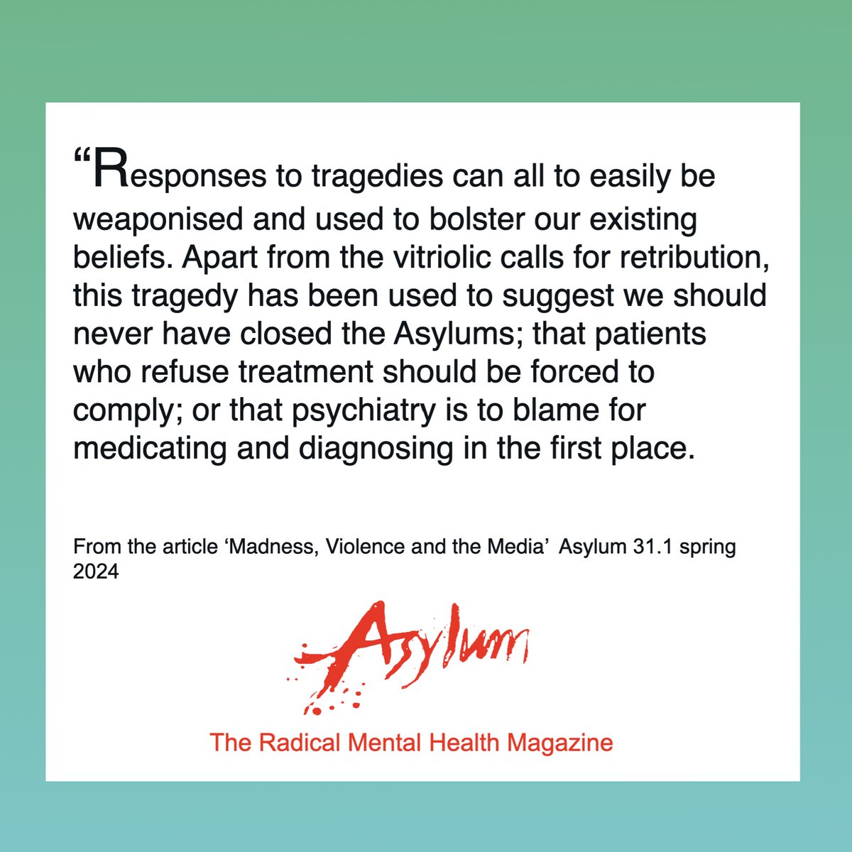 In their article 'Madness, Violence and the Media' @HSpandler looks at knee-jerk reactions to violence and psychiatrised individuals. Link to the article asylummagazine.org/2024/03/madnes…