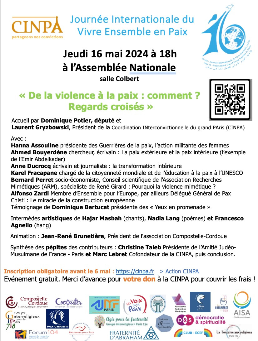 Journée internationale du vivre ensemble de l'ONU. La CINPA se mobilise et Ensemble avec Marie est partenaire: une belle rencontre se prépare à l'Assemblée nationale le 16 mai. Nous vous y attendons nombreux. #la cinpa #ensembleavecmarie #efesia #gerardtestard