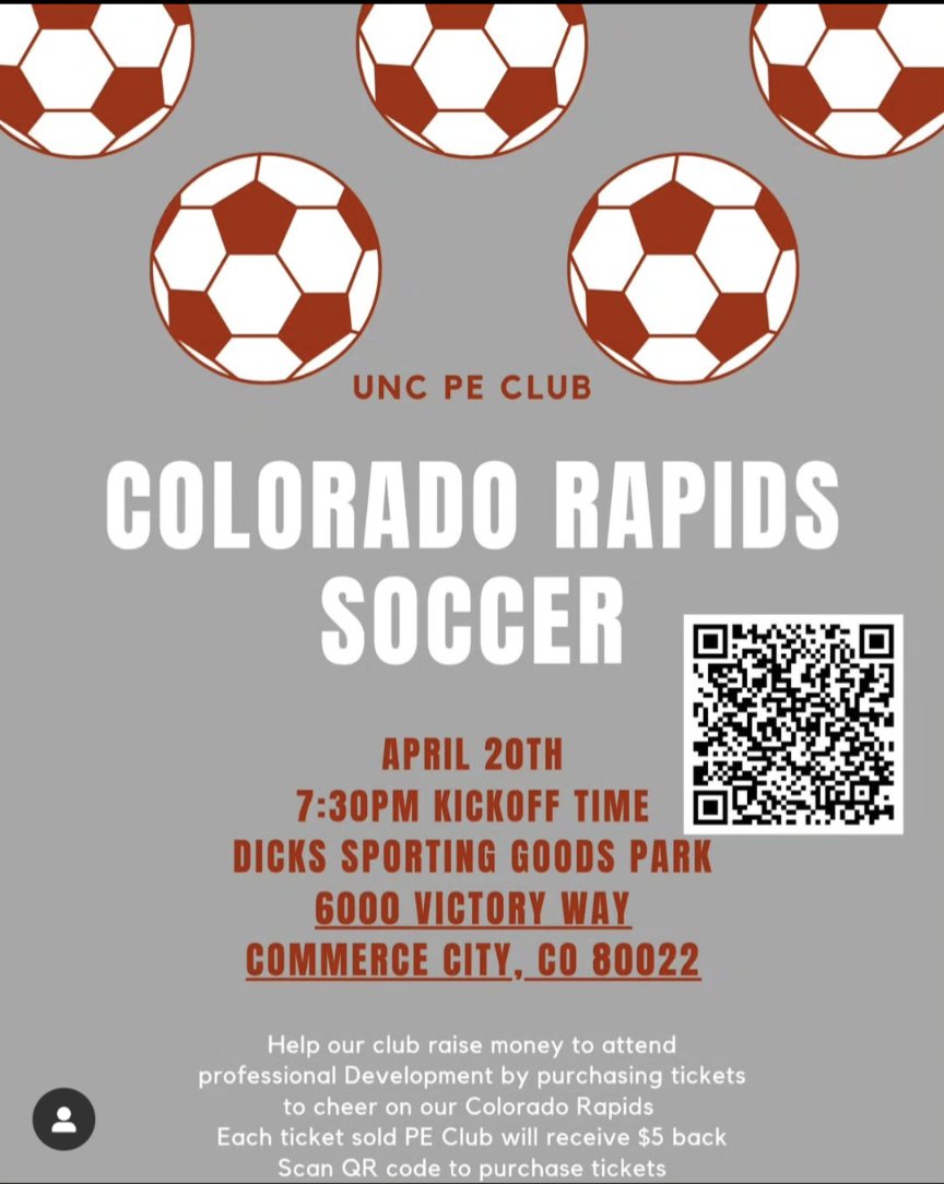 SHAPE Colorado (@shape_colorado) on Twitter photo UNC’s PE Club is selling tickets to the CO game on Sat april 20th. For every ticket sold via the link, the club will receive $5. Come out and support your Colorado Rapids and the UNC PE Club. If you have any questions, you can contact Trenna Jones at trennajones1@gmail.com. UNC’s PE Club is selling tickets to the CO game on Sat april 20th. For every ticket sold via the link, the club will receive $5. Come out and support your Colorado Rapids and the UNC PE Club. If you have any questions, you can contact Trenna Jones at trennajones1@gmail.com.