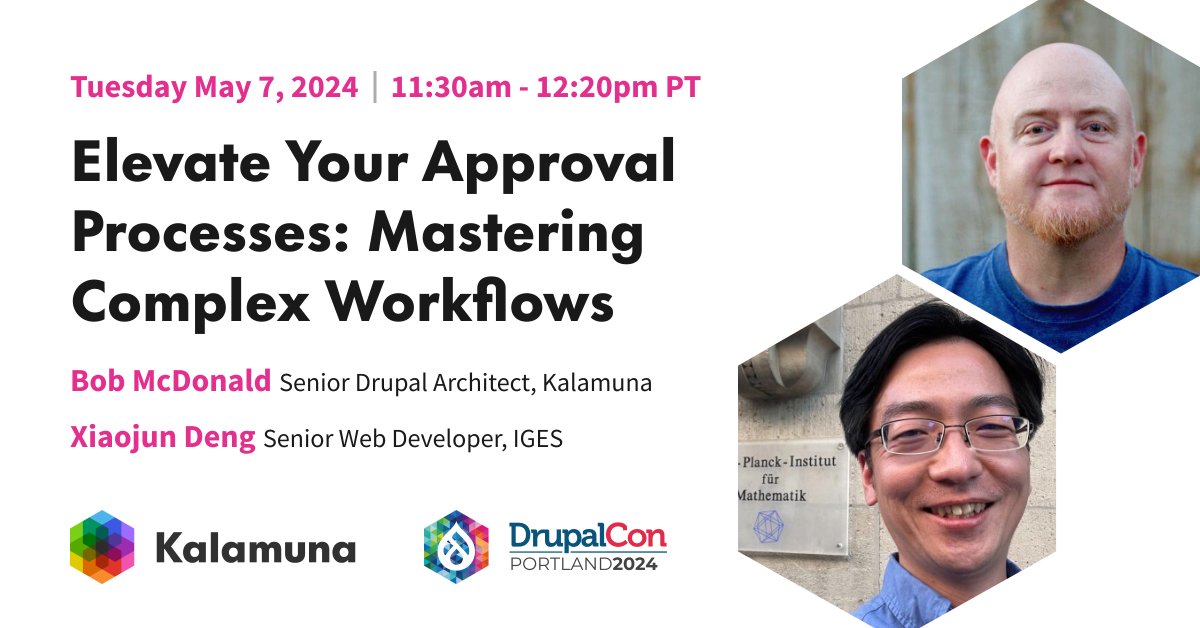 Bob McDonald, one of our Senior Drupal Architects, and Xiaojun Deng, a Senior Web Developer at @IGES_EN, are speaking at @drupalcon on May 7th! To see their session on mastering complex workflows in Drupal, register for #DrupalConPortland at: events.drupal.org/portland2024
