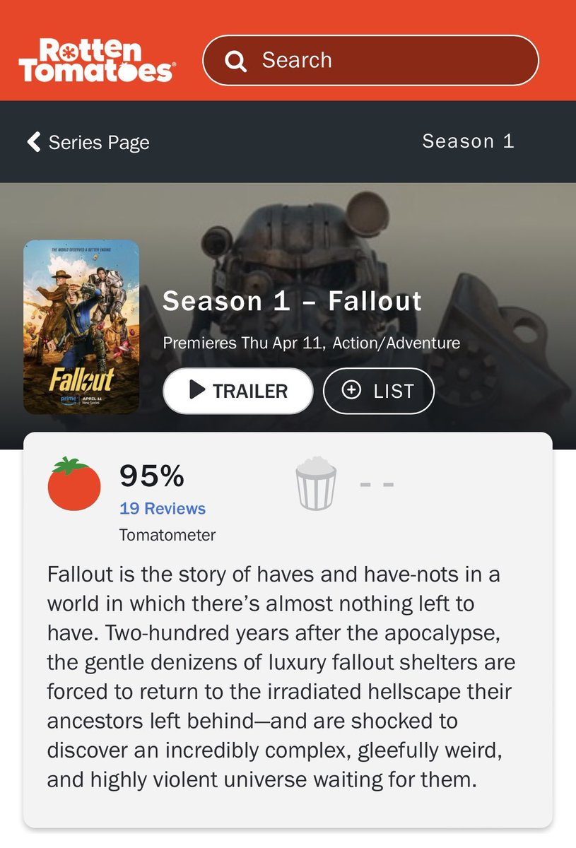 🔵🟡 Prime Video'nun Fallout dizisi, Rotten Tomatoes açılışını %95 ortalamayla yaptı.