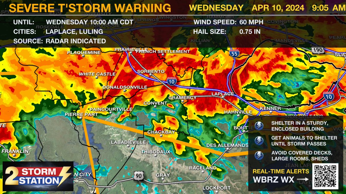 A ***SEVERE T'STORM WARNING*** has been issued for St. Charles, St. John The Baptist, Ascension, St. James, Lafourche, Assumption, Livingston until 4/10 10:00AM. This is a dangerous storm! #LAwx Download the free WBRZ Weather App: wbrz.com/news/download-…