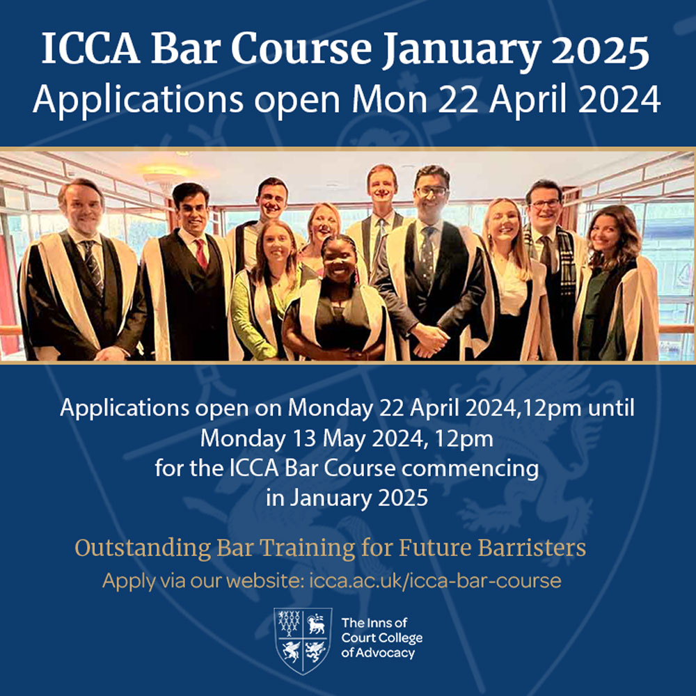 Applications for the ICCA Bar Course January 2025 open 22 April 2024! We look forward to seeing you. icca.ac.uk/icca-bar-cours… #ForFutureBarristers #students #lawstudents #pupillage #barrister