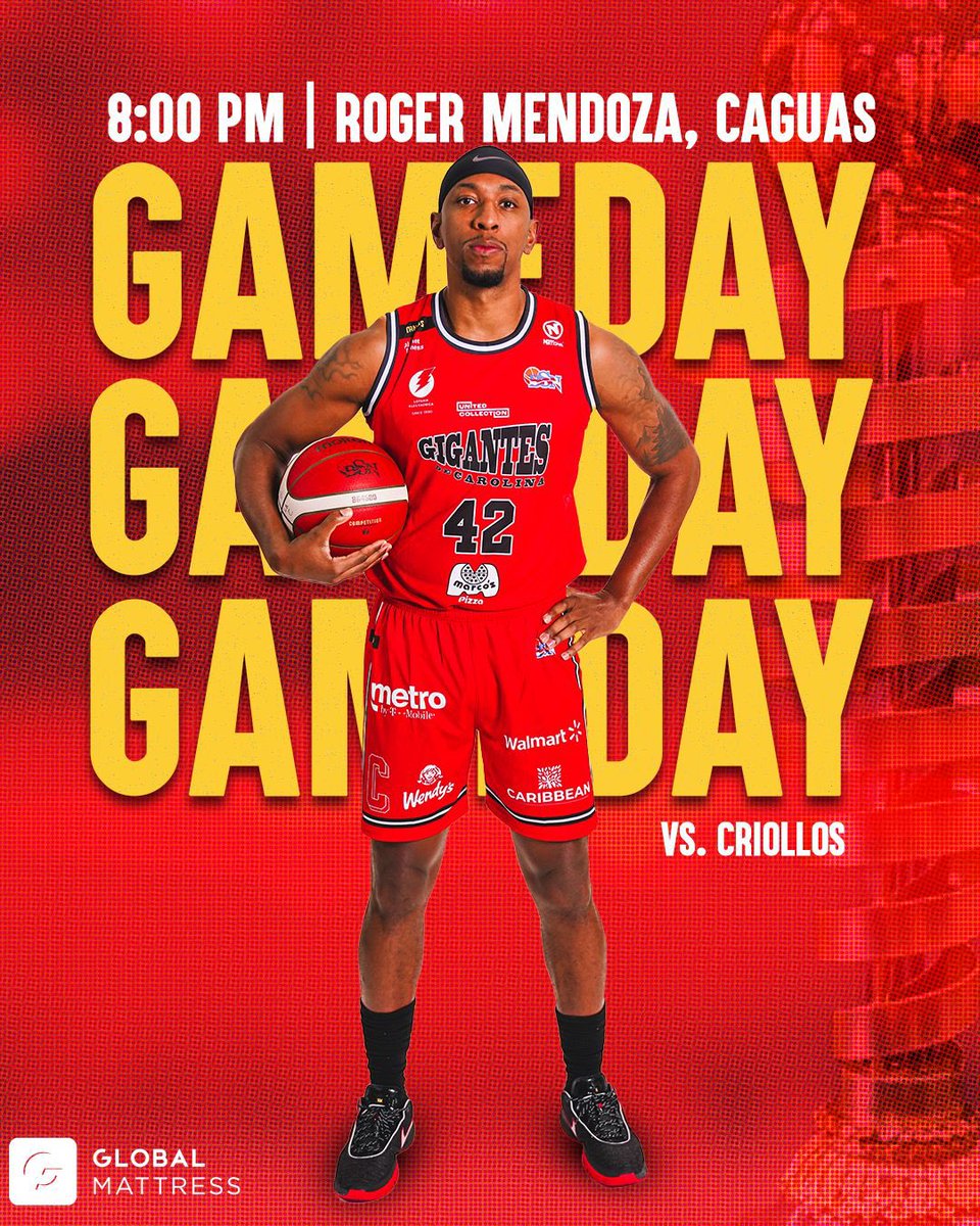 ¡GAME DAY! 📍🚗 Esta noche invadimos el Coliseo Roger Mendoza en nuestra primera visita de la temporada y primer choque 🆚 @caguascriollosbsn 🔥🏀 ¡TODOS DE ROJO PA’ CAGUAS! Presentado por: @globalmattresspr #GigantesAhí | #ElCalentón🏆