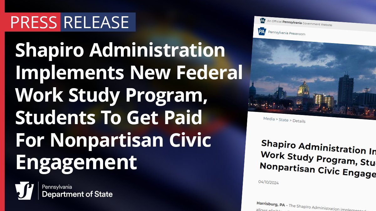 The Shapiro Administration implemented a new program from the @usedgov that allows eligible college students in Pennsylvania and across the country to use Federal Work Study (FWS) funding to work in get-out-the-vote activities, election offices, polling places, and other