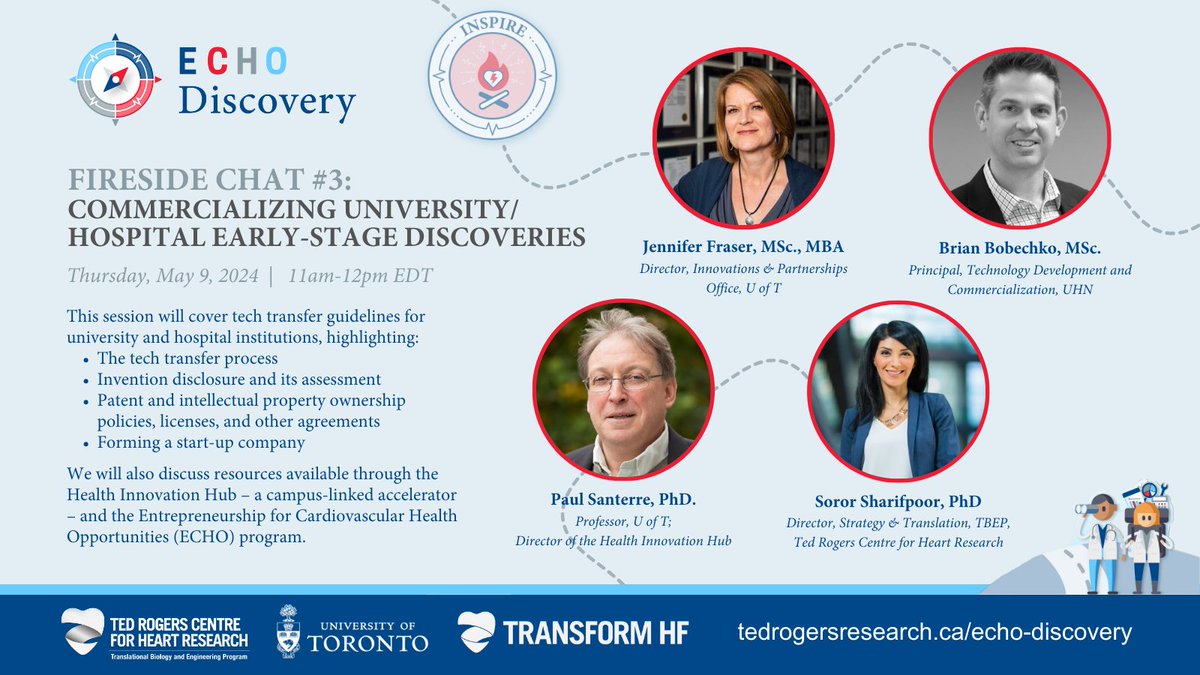 Interested in learning about commercializing university/hospital early-stage discoveries? Don't miss our next ECHO Discovery Fireside Chat with Jennifer Fraser (@UofT), Brian Bobechko (@TDCUHN1), Paul Santerre (@H2i_UofT) & @SororSharifpoor (ECHO program). us02web.zoom.us/meeting/regist…