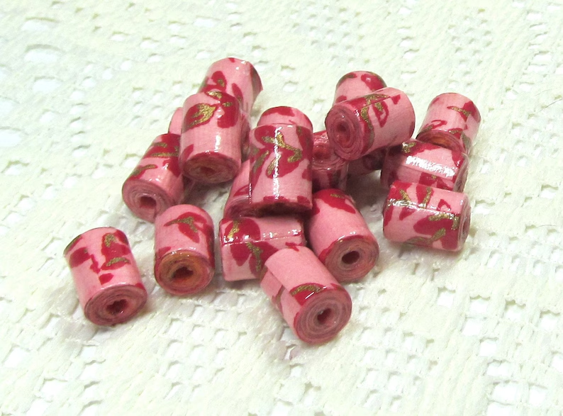 Paper Beads, Loose Handmade, Artisan Paper, Handmade Paper, Jewelry Making Supplies, Dark Red Rose buds on Pink etsy.me/3U9a8bY via @Etsy #handmadepaper #handmadebeads #artisanpaper #jewelrymakingbeads