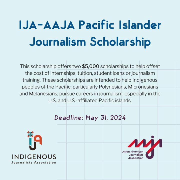 🎓Applications are now OPEN for the @IndigenousJA @AAJA Pacific Islander Scholarship!💰 Up to $5,000 per scholarship. Apply by May 31. Questions? Reach out to Sheena Roetman at sroetman@naja.com. More info. - tinyurl.com/2etkfmxt #PacificIslanderScholarship
