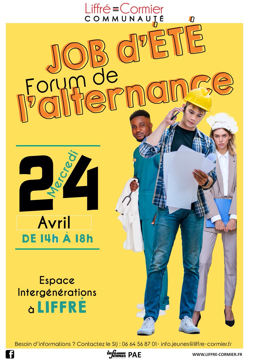 📢Nous vous donnons rendez-vous au forum apprentissage, job d'été qui se déroulera
à l'espace intergénérations à LIFFRÉ
le mercredi 24 avril, de 14h à 18h.
👉Besoin d’informations ? Contactez le SIJ : 06 64 56 87 01
✉️info.jeunes@liffre-cormier.fr