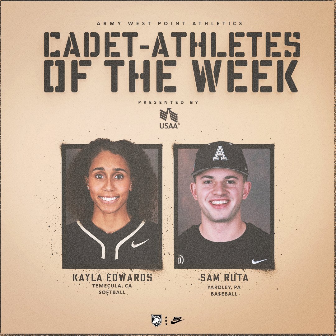 Congrats to our Cadet-Athletes of the Week, presented by @USAA 👏👏👏 • Edwards maintained a .727 batting average in @ArmyWP_Softball's 3-game series sweep over Holy Cross. She tallied 3 doubles, 5 RBI, 2 HRs, 10 runs scored & 3 steals in the 3 wins. • Ruta was 2-for-3 in…