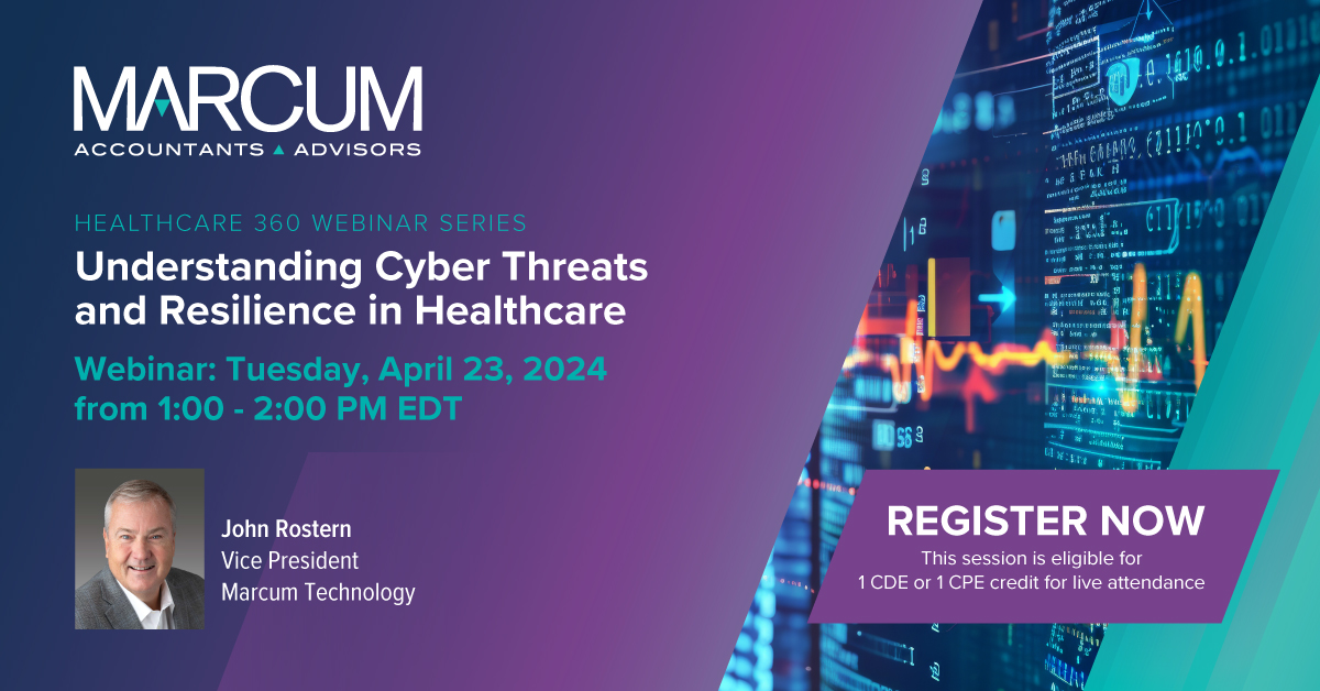 The looming threat of a #cyberattack and the potential impact on your business is more prevalent than ever. Join John Rostern as he discusses real-world breach scenarios and key prevention tactics. Register here: hubs.ly/Q02rXZwT0 #AskMarcum #healthcareindustry