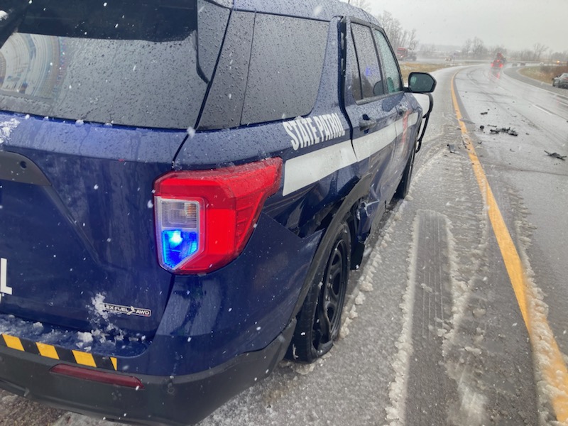 It’s #SevereWeatherAwarenessWeek. Please stay alert and #MoveOver or #SlowDown for stopped emergency vehicles, especially in adverse weather conditions. Thankfully, no one was hurt last week when a WSP cruiser was struck while providing traffic direction at the scene of a crash.