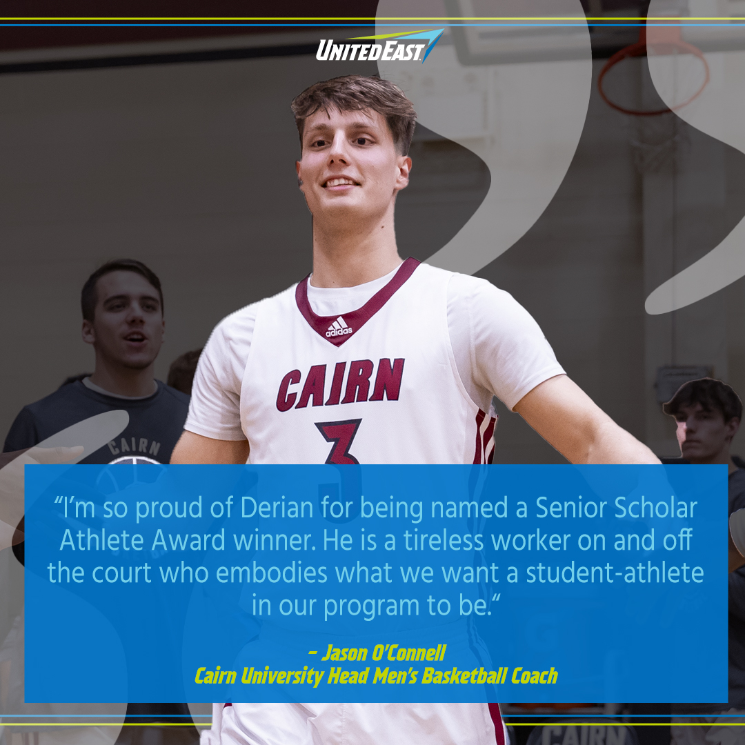 Congrats to Derian Bradford from Cairn University on being named the Men's Basketball Senior Scholar Athlete and demonstrating what it means to truly be United East student athlete! #RisingUnited #d3hoops