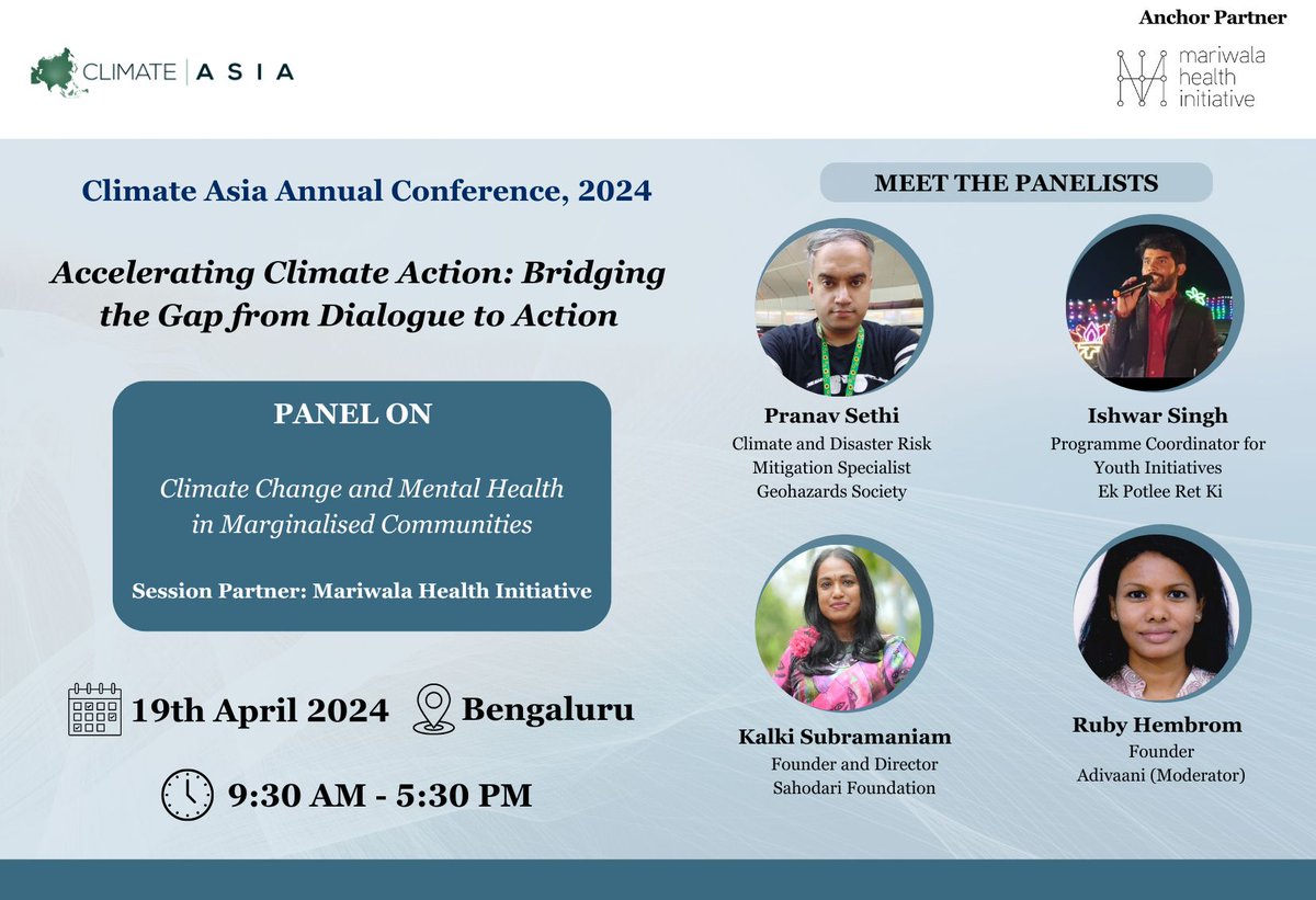 asia_climate's tweet image. Excited to Announce a New Panel- Climate Change and Mental Health in Marginalised Communities, co-hosted by our Anchor Partner @mariwalahealth  

Register here to join us at our Annual Climate Conference: forms.gle/zbh6swUUPU7mFt…

#ClimateAction #DialogueToAction  #MentalHealth