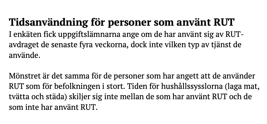 Var tvungen att kolla upp att det som @patriklu nämnde i sin krönika idag stämde. Och det gör det enligt @SCB_nyheter : Rut-avdraget har ingen som helst påverkan på hur mycket tid vare sig män eller kvinnor lägger på hushållssysslor. Det är bara subventionerade jobb.