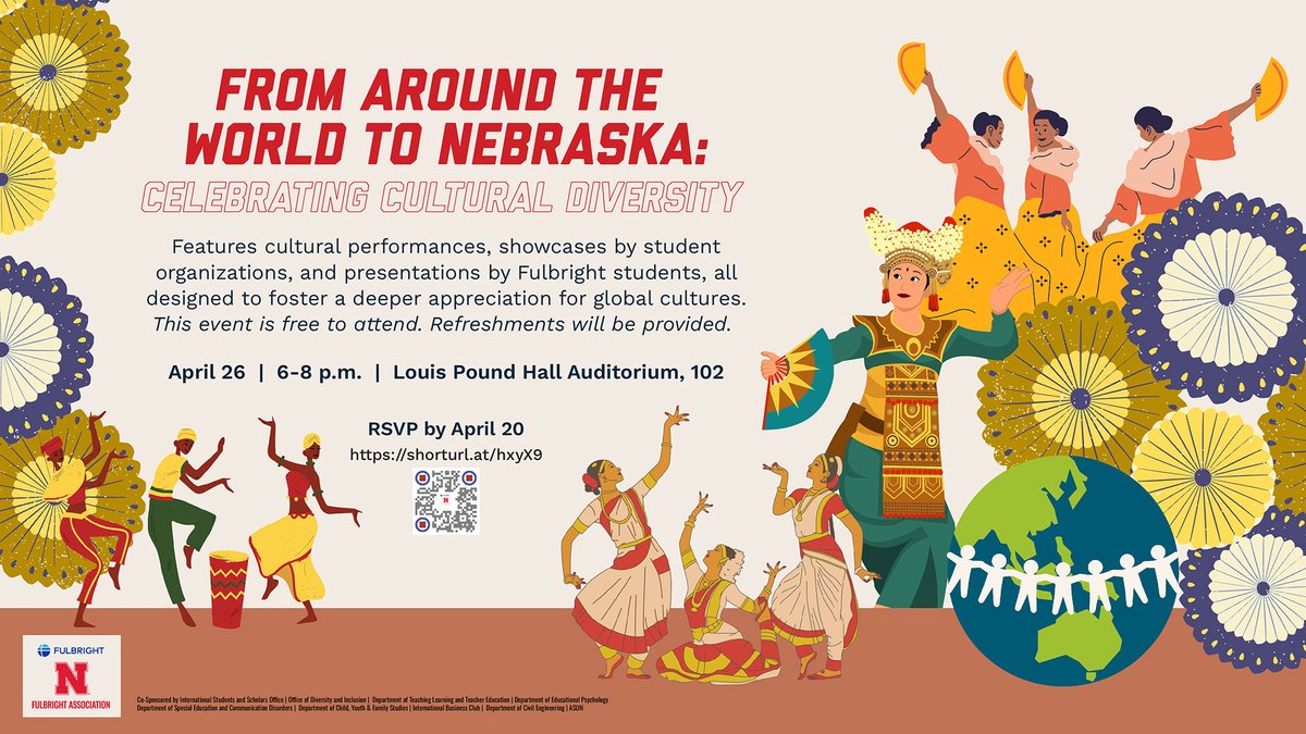 From Around the World to Nebraska: Celebrating Cultural Diversity 🗓️April 26 ⏰6-8 p.m. 📍Louis Pound Hall Auditorium, 102 ✅RSVP by April 20 to reserve your spot at go.unl.edu/f2y0. More info ›› shorturl.at/hxyX9 #UNL #Fulbright