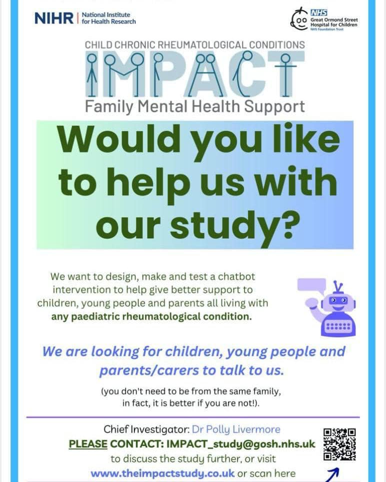 Last chance for any London families wanting to help out with a research focus group re family support for those living with #PaedRheum conditions (run by IMPACT team under @PollyLivermore) This final group will be face to face on 18/4/24 in London. Email IMPACT_study@gosh.nhs.uk