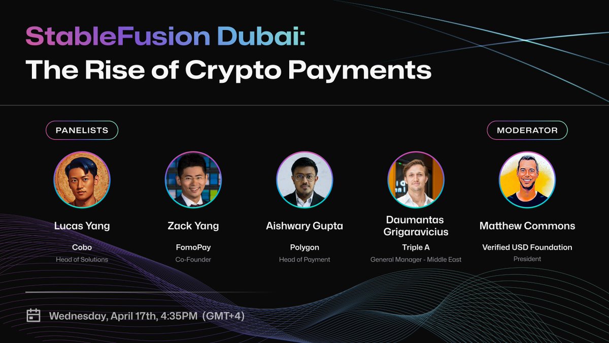 🎙️ Panel: The Rise of Crypto Payment ⏰ Time: 4:35PM (GMT+4) 🎤 Moderator: @MatthewUSDV, President of @USDV_Money. 🎤 Panelists: Lucas Yang, Head of Solutions at @Cobo_Global, @Kaous7, Co-Founder of @FOMOPayOfficial, @0xAishwary, Head of Payment at @0xPolygon, and Daumantas
