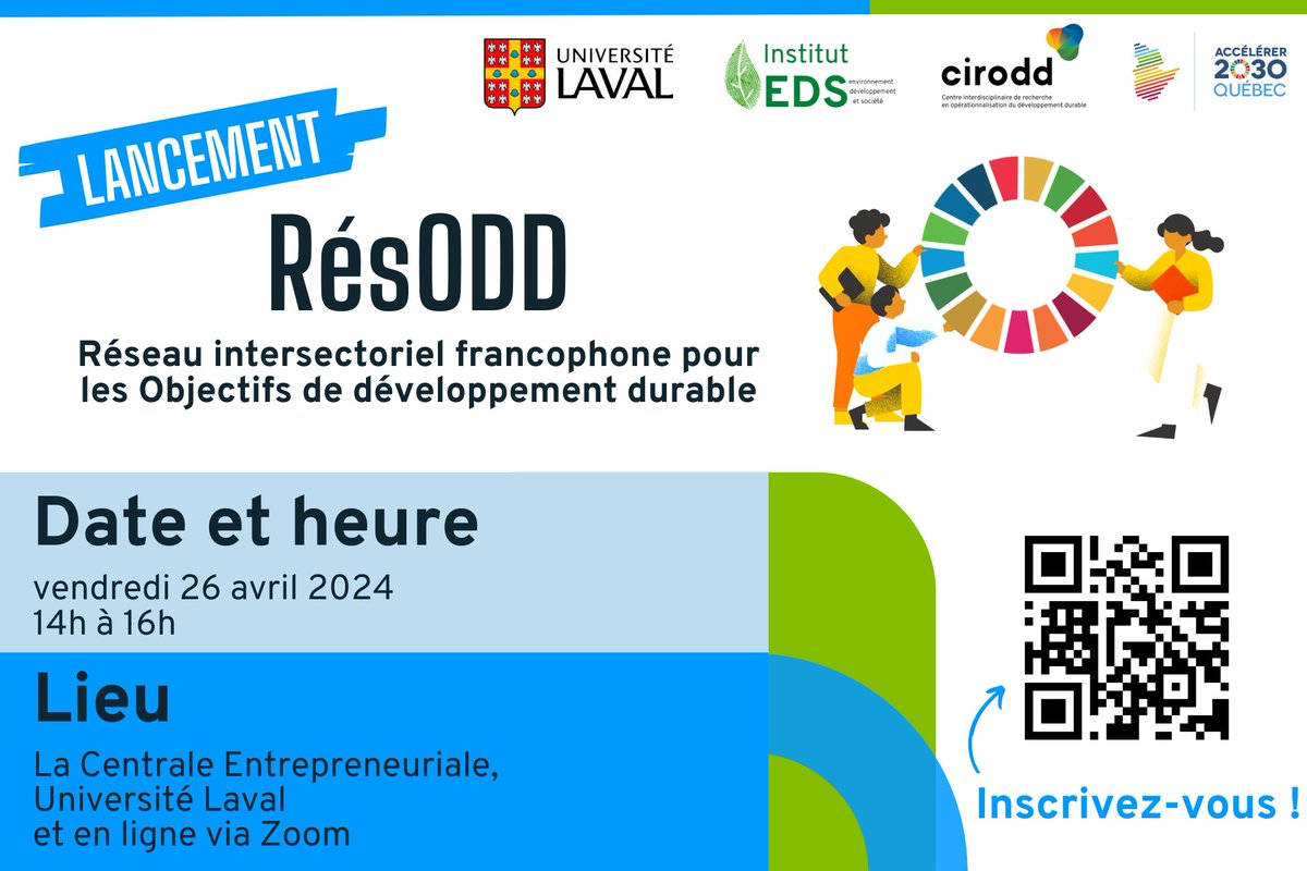 Vous êtes passionné(e) par les #ODD et souhaitez contribuer à leur avancement dans les communautés francophones? Rejoignez-nous pour le lancement officiel du #𝐑𝐞́𝐬𝐎𝐃𝐃 𝐥𝐞 𝟐𝟔 𝐚𝐯𝐫𝐢𝐥, 𝐝𝐞 𝟏𝟒𝐡 𝐚̀ 𝟏𝟔𝐡! Inscrivez vous dès maintenant: lnkd.in/eBZsznbg