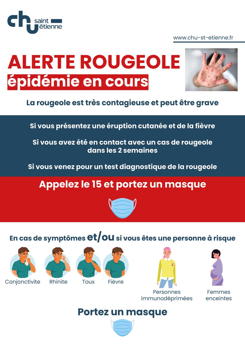 [Épidémie rougeole 🔴] Une épidémie de rougeole est en cours 👉 En cas de symptômes et/ou si vous êtes une personnes à risque, portez un masque chirurgical 😷 Ensemble, nous pouvons freiner la propagation de la rougeole et protéger ceux qui sont les plus vulnérables.