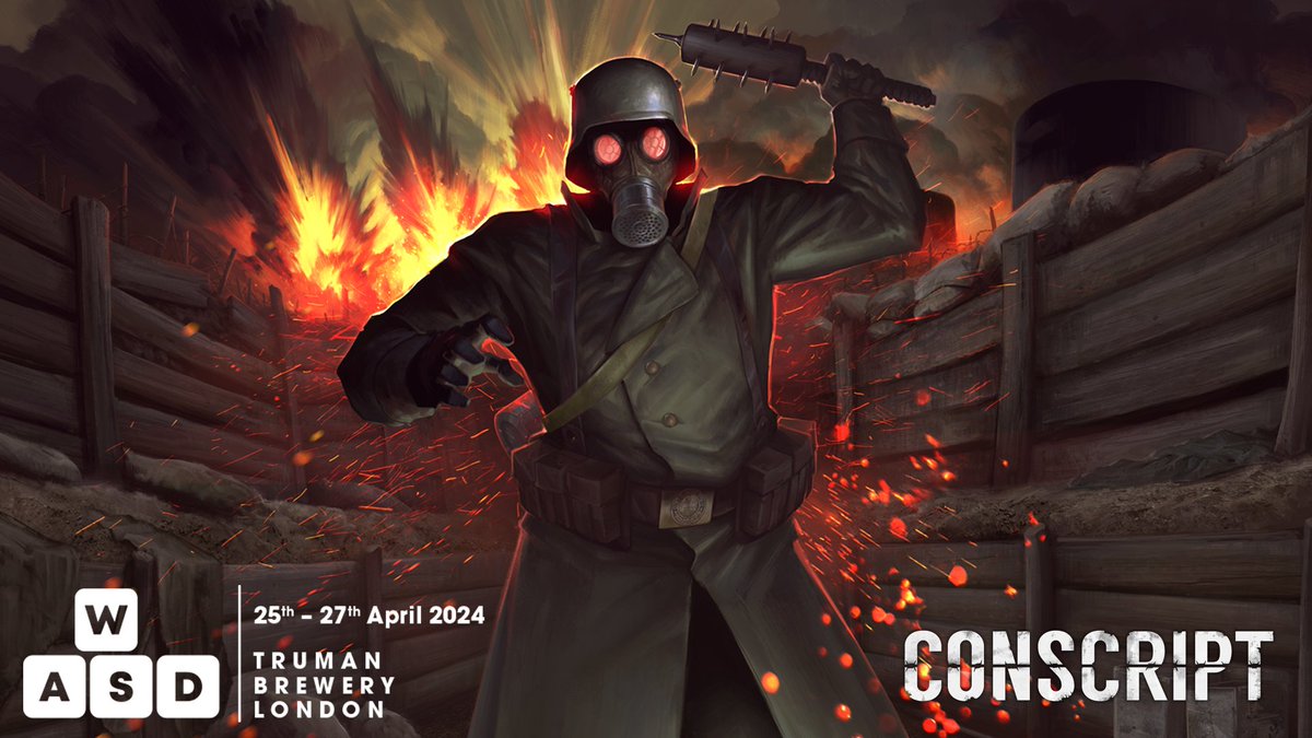 Heading to @WASDlive_ in London between 25-27 April? We'll be there with @ConscriptGame, an upcoming survival horror set during the First World War! Make sure to drop by the booth, have a chat with us and try out CONSCRIPT!