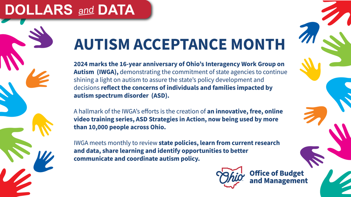 April is Autism acceptance month. Ohio’s Interagency Work Group on Autism (IWGA) was convened to improve the coordination of the state's efforts to address the service needs of individuals with autism and their families. #DollarsandData