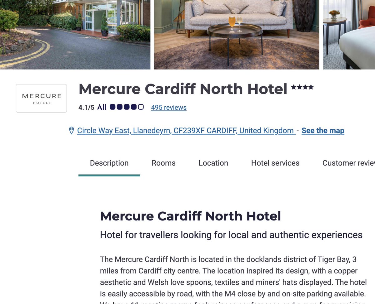 Llanedeyrn, Tiger Bay. Apparently. Think you need to have a word with your confused sister Mercure hotel, @MercureCardifHH. (Spotted by Lawrence H) all.accor.com/hotel/B539/ind…