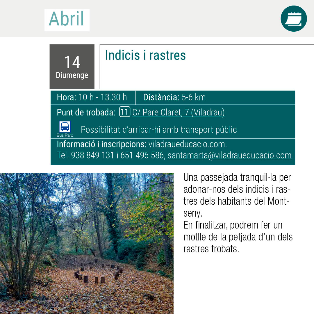 ⛰️🚶‍♂️🚶‍♀️PASSEJADES GUIADES 2024 - INDICIS I RASTRES 📅Diumenge 14 d'abril ⏰De 10 a 13.30 hores 📍C/Pare Claret, 7 ✍️Inscripció prèvia: ☎️938849131/651496586 📧santamarta@viladraueducacio.com ✅Possibilitat d'utilitzar el 🚌#BusParc #passejadaViladrau #Viladrau #Viladrauésmolt