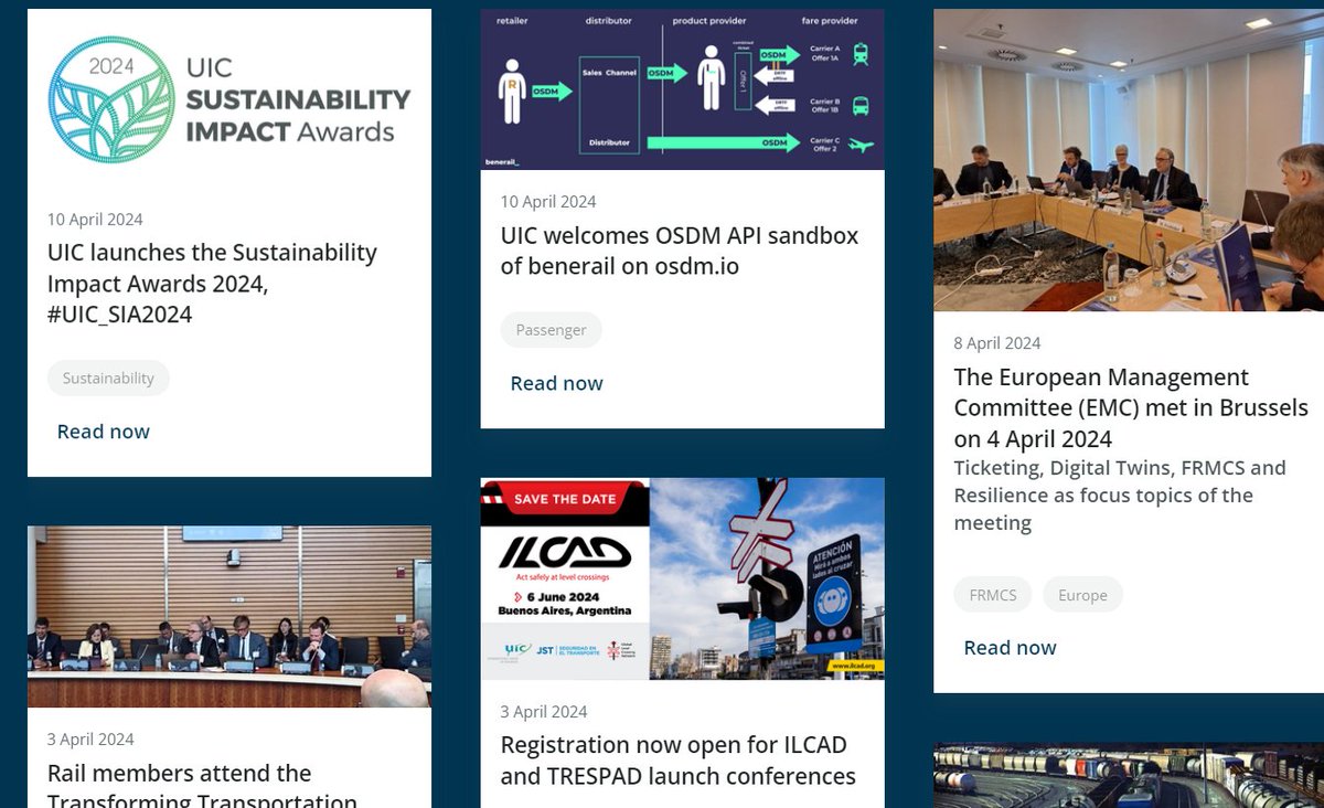 Please find the latest eNews articles on on the launch of the UIC Sustainability Impact Awards 2024, UIC welcomes the OSDM API sandbox of benerail, the European Management Committee meeting in Brussels (EMC) on 4 April. uic.org/com/enews/