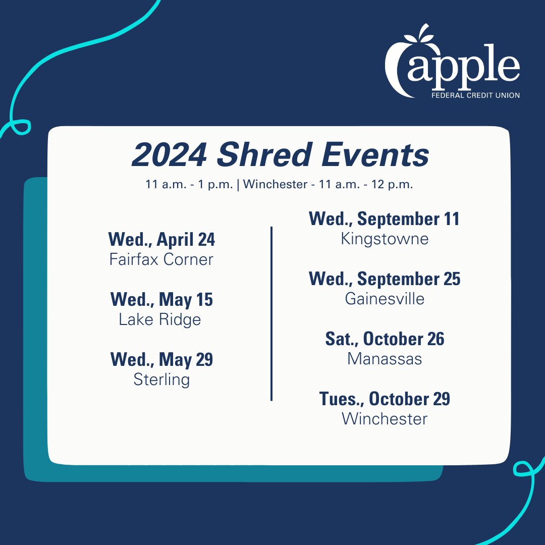 🔐 Protect your privacy! 🔐 Our FREE Shred events are back!
Join us for one of our Shred events this year. For more information on the do's and don'ts of Shred visit AppleFCU.org/Shred.

#ShredEvent #ProtectYourIdentity #credituniondifference #northernvirginiacreditunion