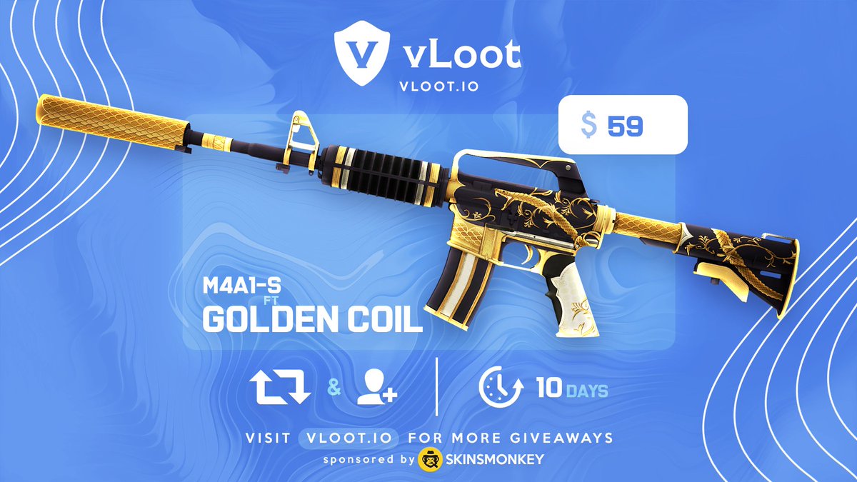 CSGO / CS2 M4A1-S Golden Coil FT Giveaway 🎁 ✅ Follow @skinsmonkey & @vloot_io ✅ Like, Retweet and Tag 1 friend Winner drawn in 10 days, good luck 🥰