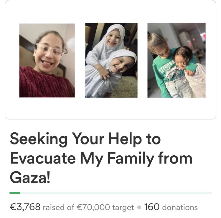 please continue to share to help nour in gaza evacuate her family ASAP ‼️ there’s still a huge target of 70k, please RT + DONATE 🇵🇸 @nour_youz11 gofund.me/af34cf12