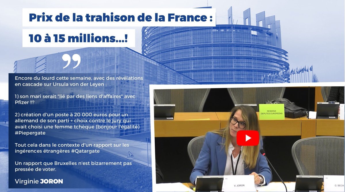 📹 Encore du lourd cette semaine, avec des révélations en cascade sur Ursula von der Leyen : 1) Son mari serait 'lié par des liens d'affaires' avec Pfizer !!? 2) Création d'un poste à 20 000 euros pour un allemand de son parti... ➡️ youtu.be/WISty9Vrzyg