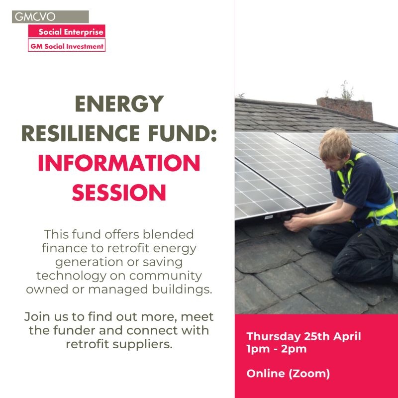 Join GMCVO’s online information session to find out if the Energy Resilience Fund is right for you. It's a chance to meet the funder and hear from the Green Economy who can help you connect with retrofit suppliers. Thurs 25th April, 1pm-2pm Book now: lght.ly/213a0h5