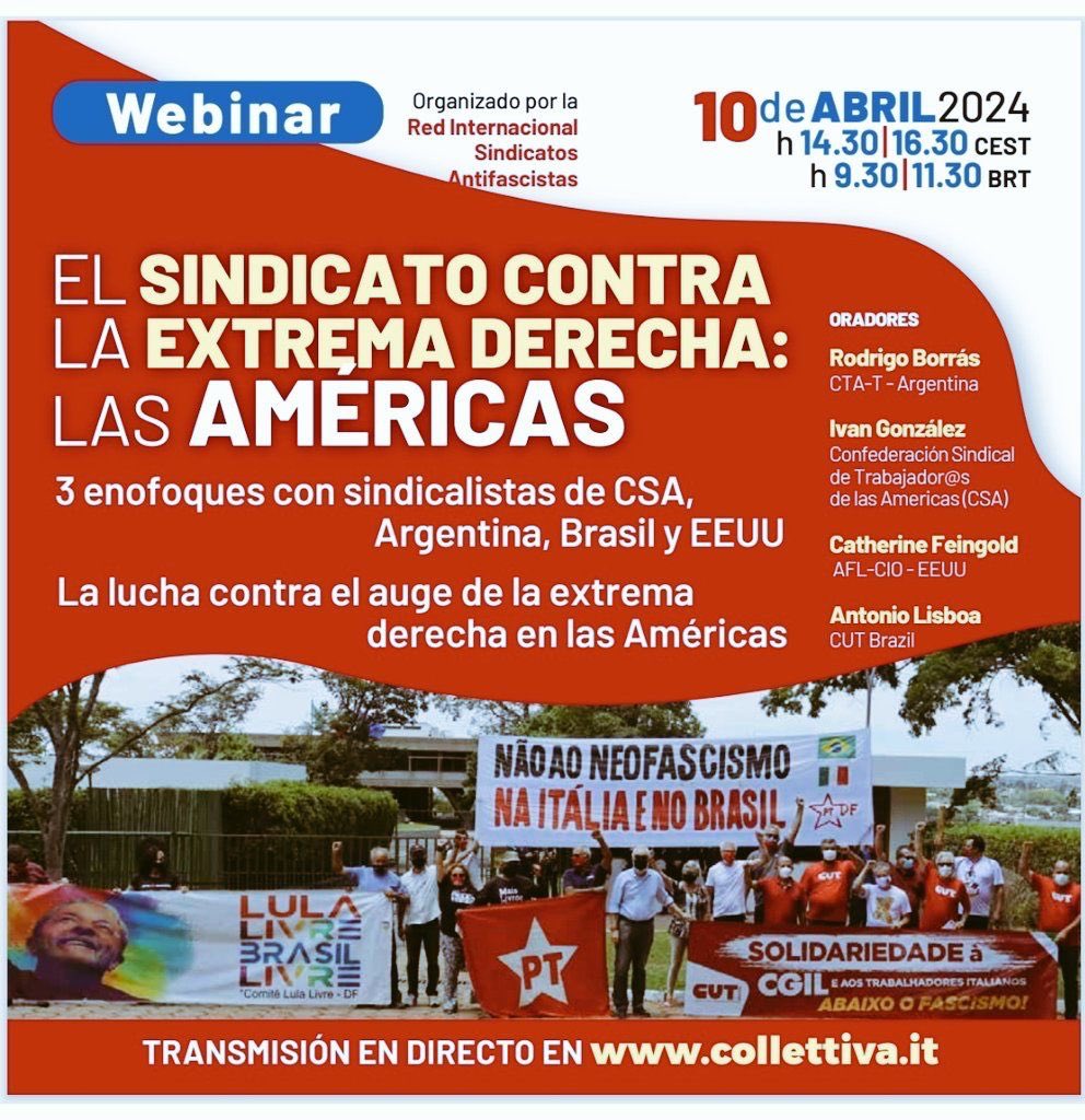 Participando en este necesario webinar organizado por la Red Sindical Internacional Antifascista. 
Conocer la realidad a la q se enfrentan las Américas ante la extrema derecha y cómo actuamos desde los sindicatos refuerza nuestra capacidad de respuesta