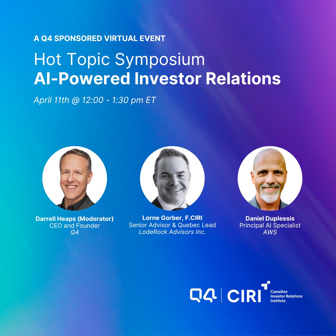 Tomorrow is the day for our virtual event in partnership with the @CIRINational, Hot Topic Symposium - AI-Powered Investor Relations. Our speakers will dive into practical applications of #AIforIR and much more! More details here: ciri.org/web/03Prof-Dev… #IRChat #AIChat