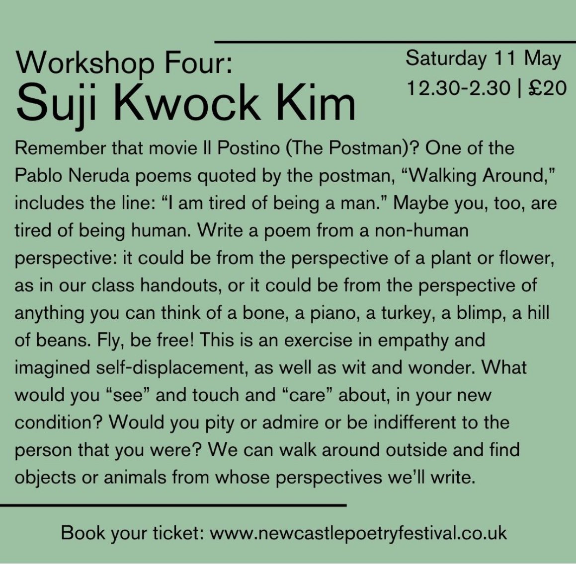 🤓We’re excited about Suji Kwock Kim’s workshop ‘Eco-poems & non-human perspectives’ 💚🌲on Sat 11 May 12.30-2.30 📝#NPFP24 Booking info 🎫newcastlepoetryfestival.co.uk